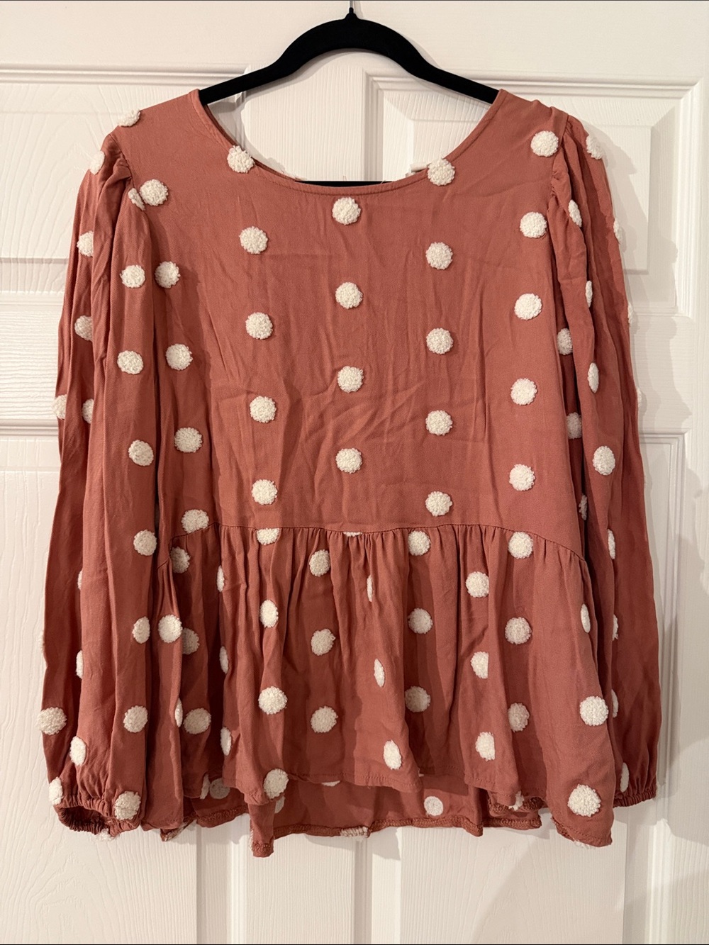 Blu Pepper Rose Peplum Blouse with White Pom Dot Texture